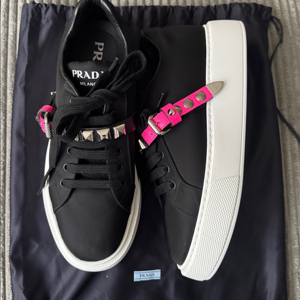 New 💯 Authentic Prada sneakers black white pink studded size 40